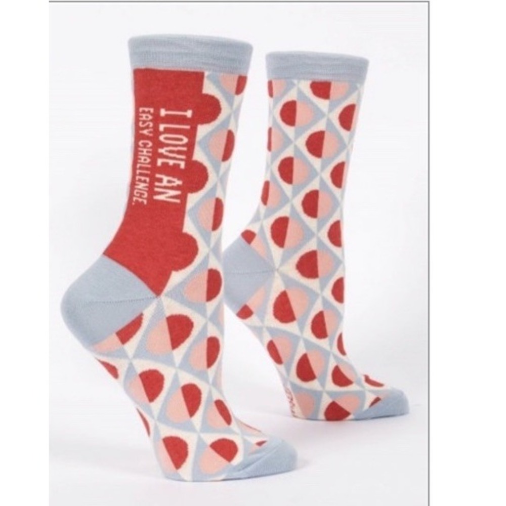 Blue Q Crew Socks I Love An Easy Challenge Sz 5-10 Pink Blue Red Polka Dot Women